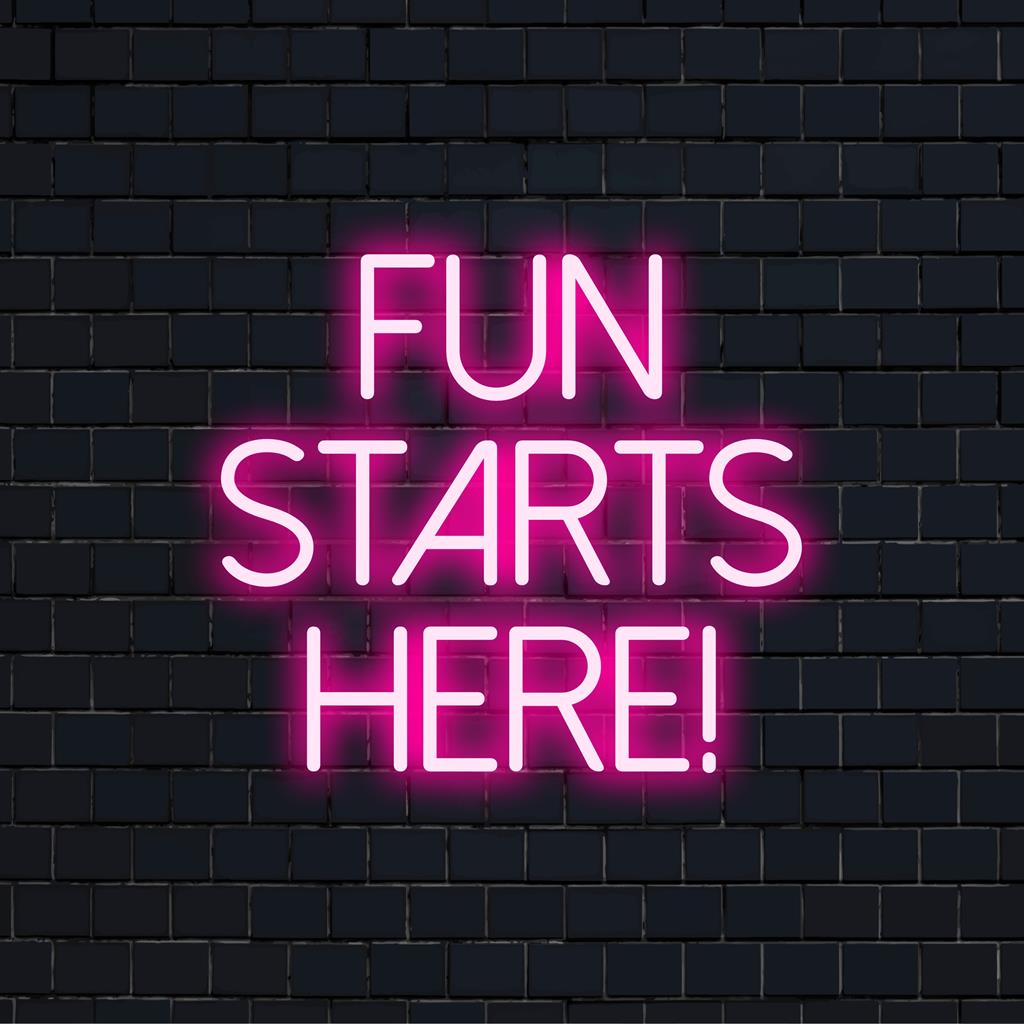Letreiro de neon LED colorido com tipografia divertida que diz "A diversão começa aqui!" Ótimo para adicionar uma decoração neon vibrante a qualquer espaço.