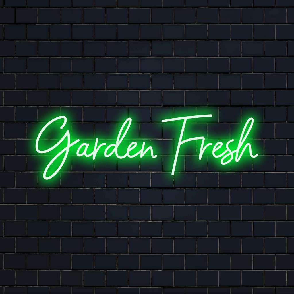 Luminária LED neon vibrante com fonte Garden Fresh, que mistura charme orgânico com charme ambiente, ideal para decoração residencial ou comercial.