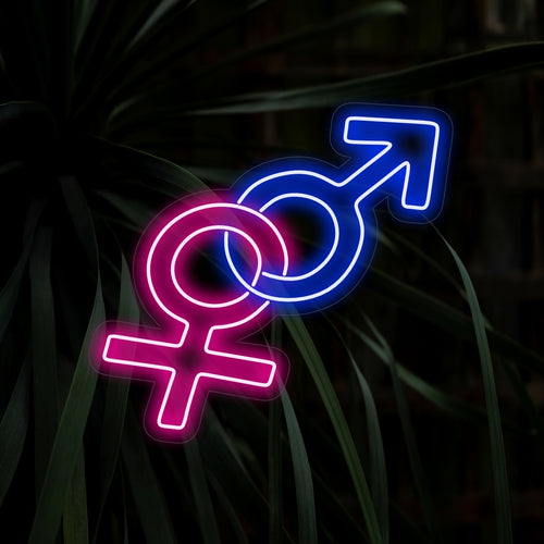 "Placa de neon com símbolo de gênero" - Emana uma mensagem de diversidade e inclusão, perfeita para espaços que promovem a conscientização de gênero e clínicas, apoiando a inclusão de gênero.
