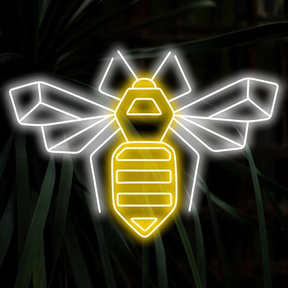 "Placa de neon com abelha geométrica" ​​- Cheia de design moderno, perfeita para espaços contemporâneos e estúdios de arte, capturando o fascínio artístico dos padrões geométricos e da natureza.