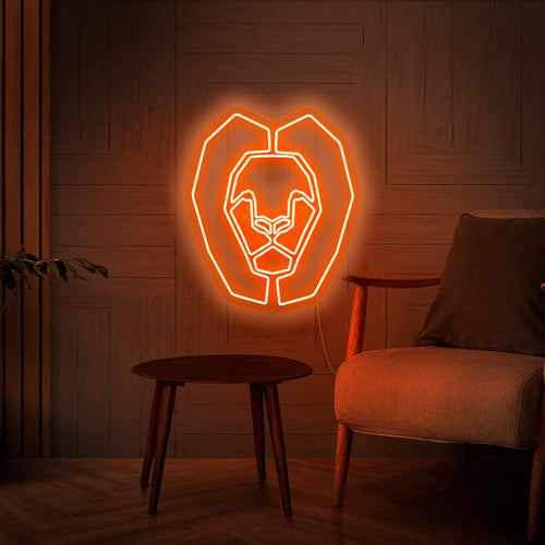 "Placa de neon com leão geométrico" - Repleto de elegância contemporânea, perfeito para espaços modernos e estúdios de arte, capturando a fusão do design geométrico e o espírito majestoso de um leão.