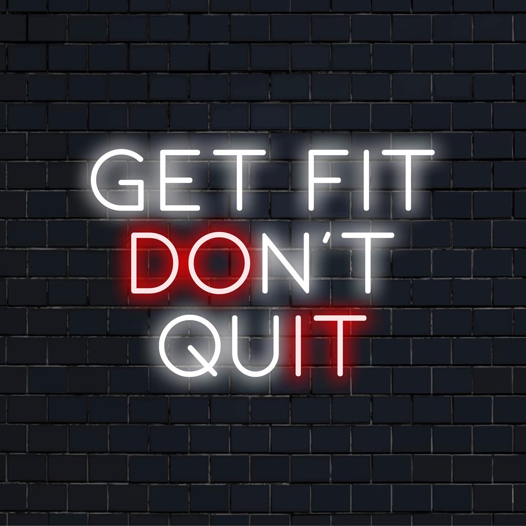 Placa de LED neon vibrante com os dizeres "Fique em Forma, Não Desista", perfeita para decoração motivacional e jornadas fitness inspiradoras.