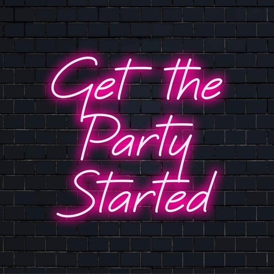 A vibrant Get The Party Started custom LED neon sign, ideal for energizing spaces with its playful neon light energy.