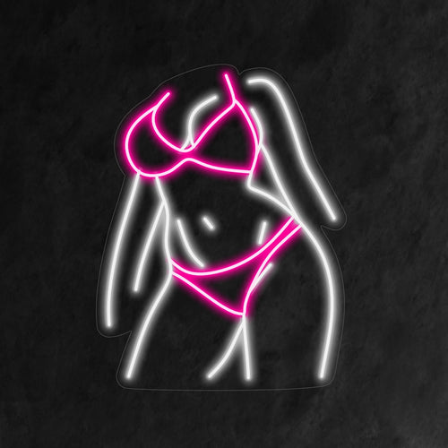 "Placa de neon com a parte frontal do corpo de uma garota de biquíni" - Adiciona um toque de clima praiano e charme de verão, perfeito para bares e resorts com tema de praia, evocando uma sensação de sol e relaxamento.
