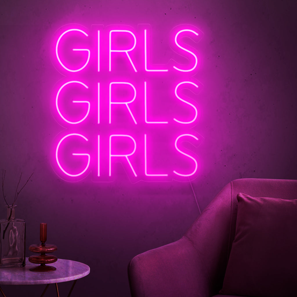 "Girls Girls Girls Neon Sign" - Exuding a vibrant and lively atmosphere, perfect for nightlife venues and bars, creating a lively and exciting ambiance.