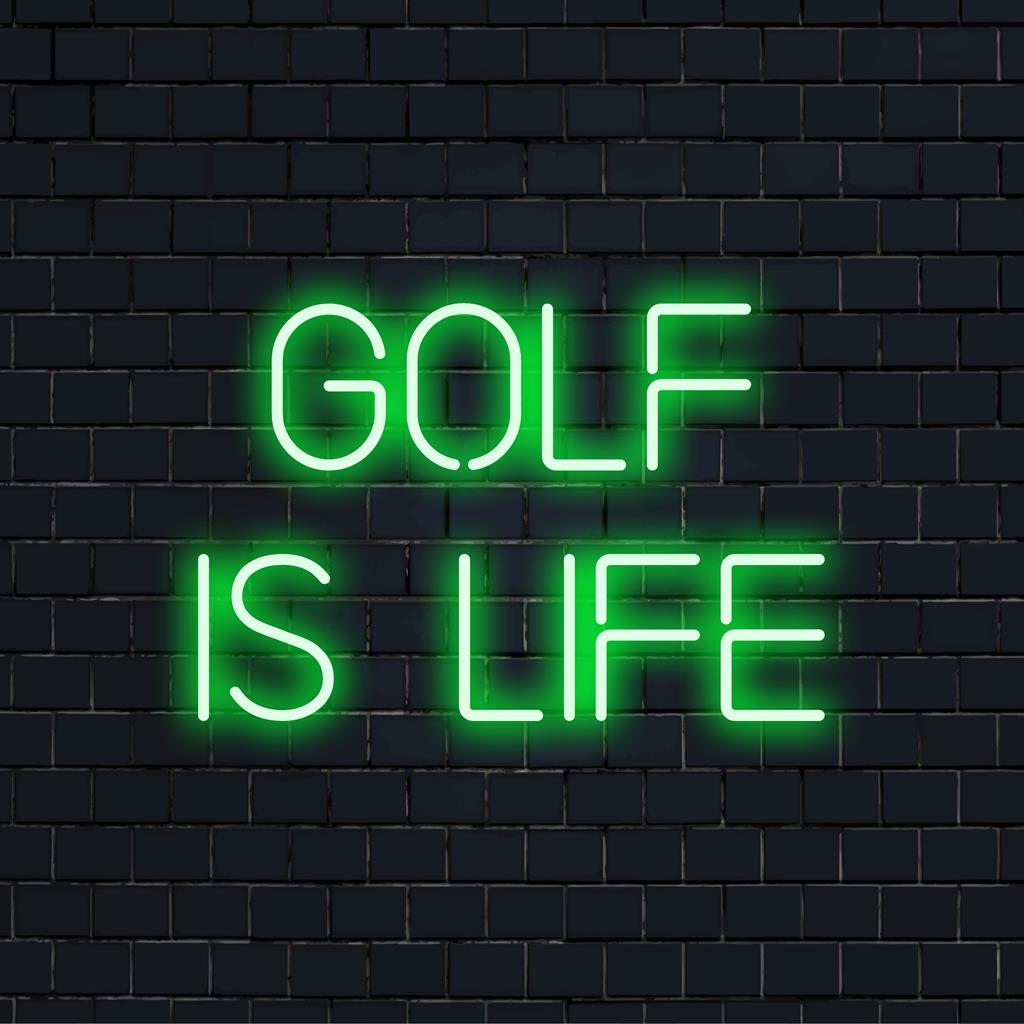 Placa de LED neon personalizada com os dizeres Golf Is Life em cores brilhantes e vibrantes, ideal para entusiastas de esportes, amantes de arte de parede neon e decoração personalizada.
