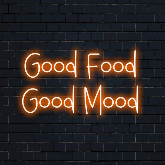 "Placa de neon para boa comida e bom humor" - Irradiando vibrações positivas para amantes da gastronomia e espaços culinários, enfatizando a conexão entre boa comida e bom humor.