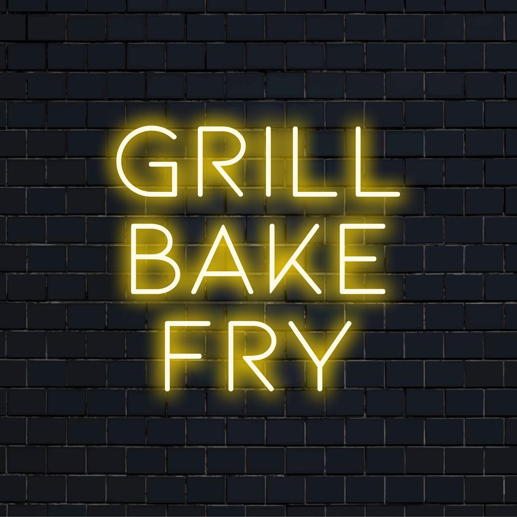 Letreiro de neon LED para entusiastas da culinária, decoração perfeita para a cozinha; inspirado em utensílios essenciais para cozinhar: grelhar, assar, fritar. Decoração com luz neon ideal.