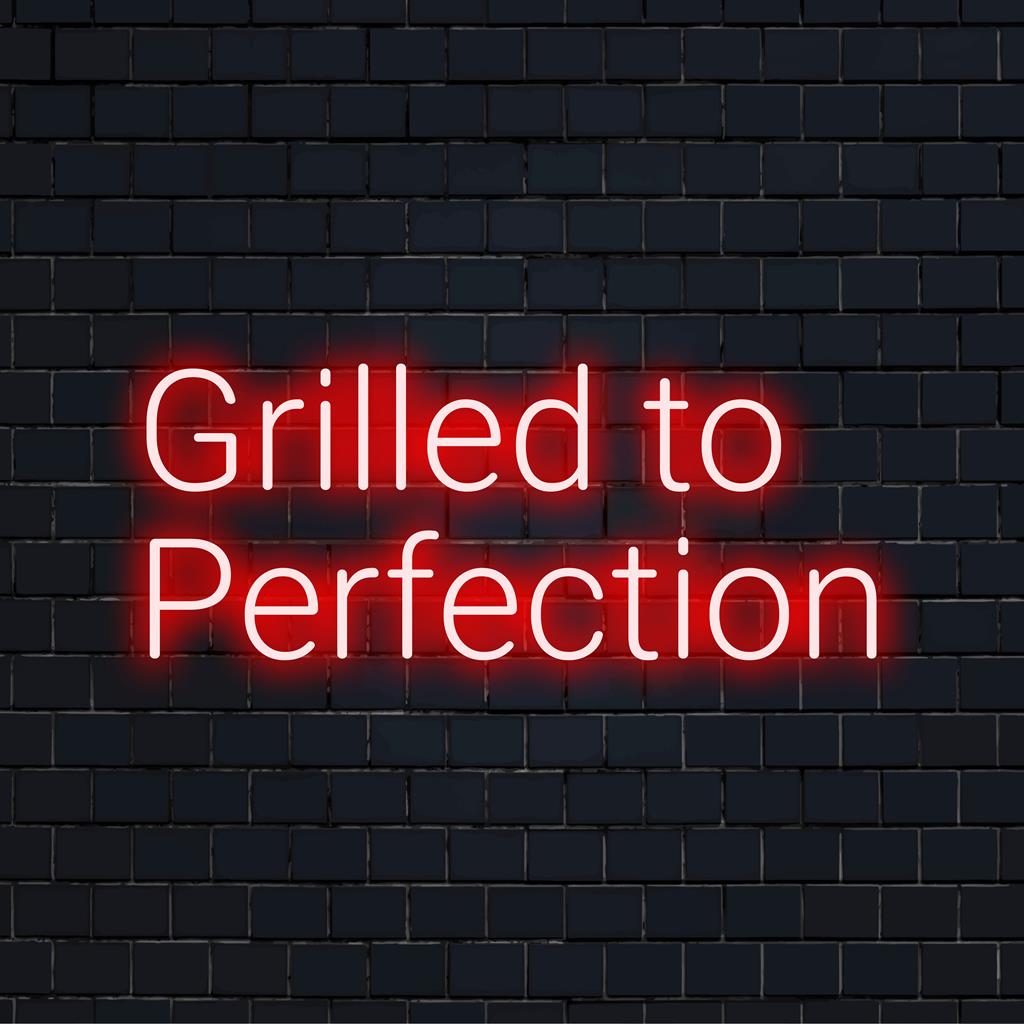 Placa de LED neon personalizada com os dizeres "Grelhado à Perfeição" em uma escrita elegante, ideal para decoração de amantes de churrasco, acrescentando um toque brilhante.
