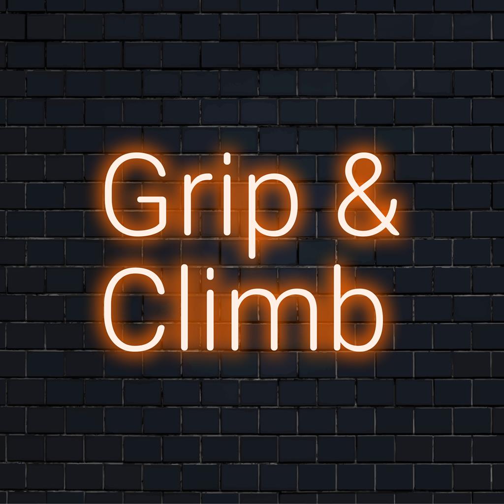 Placa de LED neon personalizada Grip and Climb, exibindo tipografia brilhante e criatividade para uma decoração única.