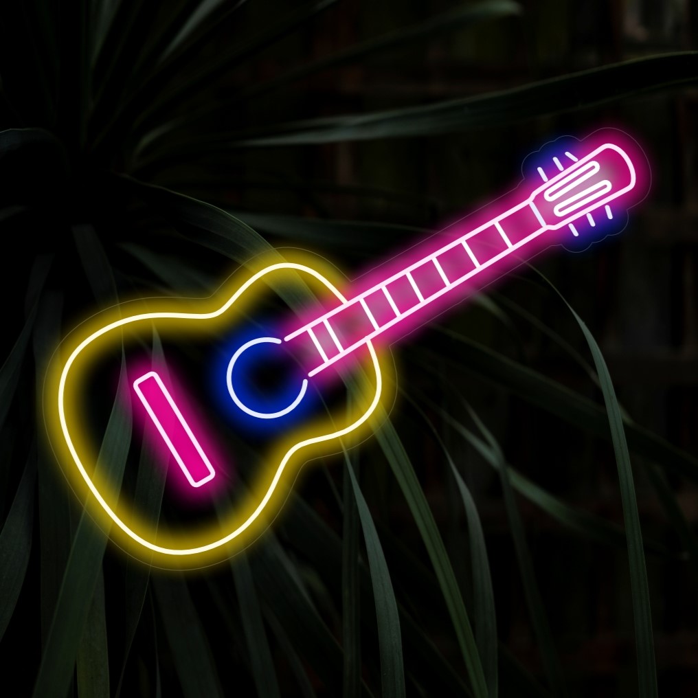 "Placa de néon de guitarra" - Criando um ambiente musical marcante, perfeito para estúdios de música e locais de entretenimento, ressoando com o amor por guitarras e música.
