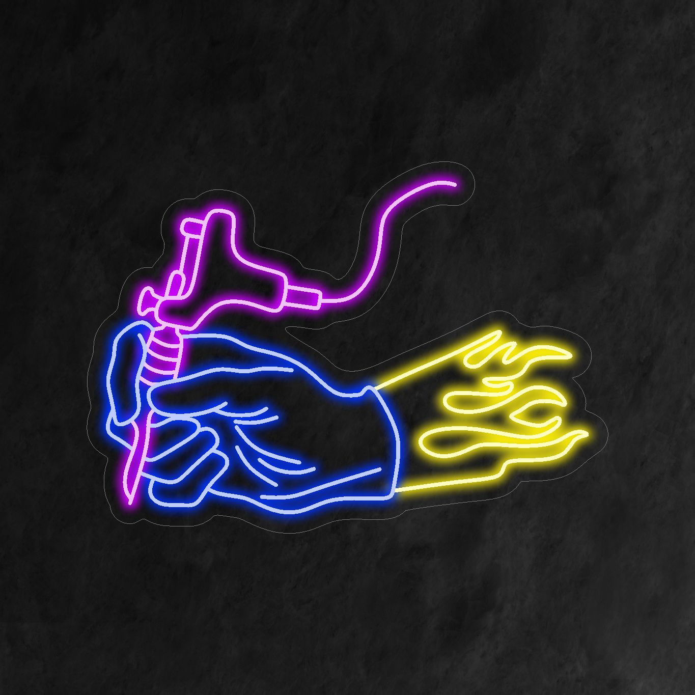 "Placa de neon de máquina de tatuagem segurando uma mão" - Homenagem à arte da tatuagem, perfeita para estúdios e salões de tatuagem, dedicados à arte de criar arte corporal duradoura e significativa.