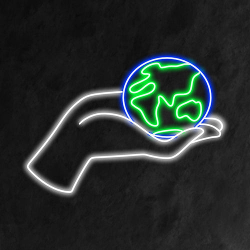 "Hand Holding the Planet Neon Sign" is an eco-friendly and impactful addition to your interior. A neon light that symbolizes care for the planet and environmental consciousness.