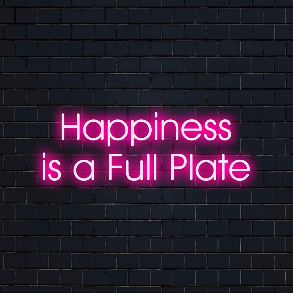 Placa de neon LED personalizada exibindo um lembrete alegre: A felicidade é um prato cheio, perfeita para uma decoração edificante para casa e cozinha.