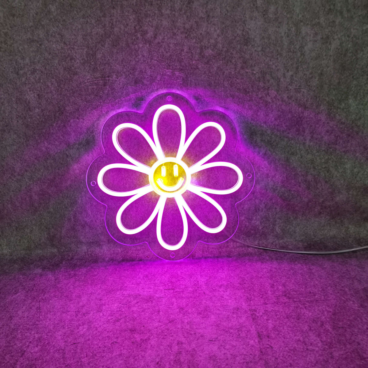 Letreiro de néon com flor de sorriso feliz - The Art Neon