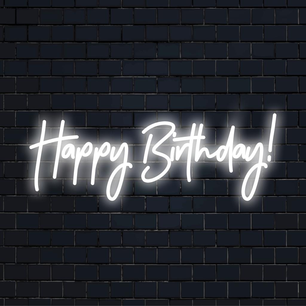 Placa de neon LED com a frase "Feliz Aniversário!" em cores vibrantes e festivas, perfeita para decoração de parede comemorativa.