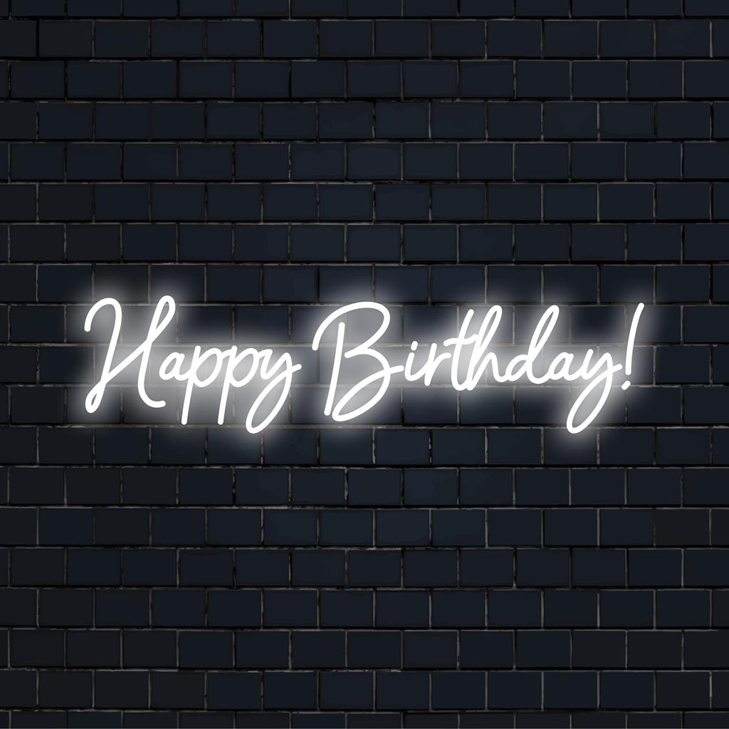 Feliz Aniversário brilhante e festivo! Arte neon em LED; perfeita para decoração de festa personalizada com a mágica das luzes neon.