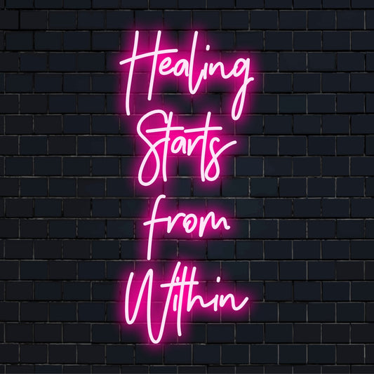 Bright and inspiring, this custom LED neon sign says Healing Starts From Within in stylish script. Perfect for wall decor.