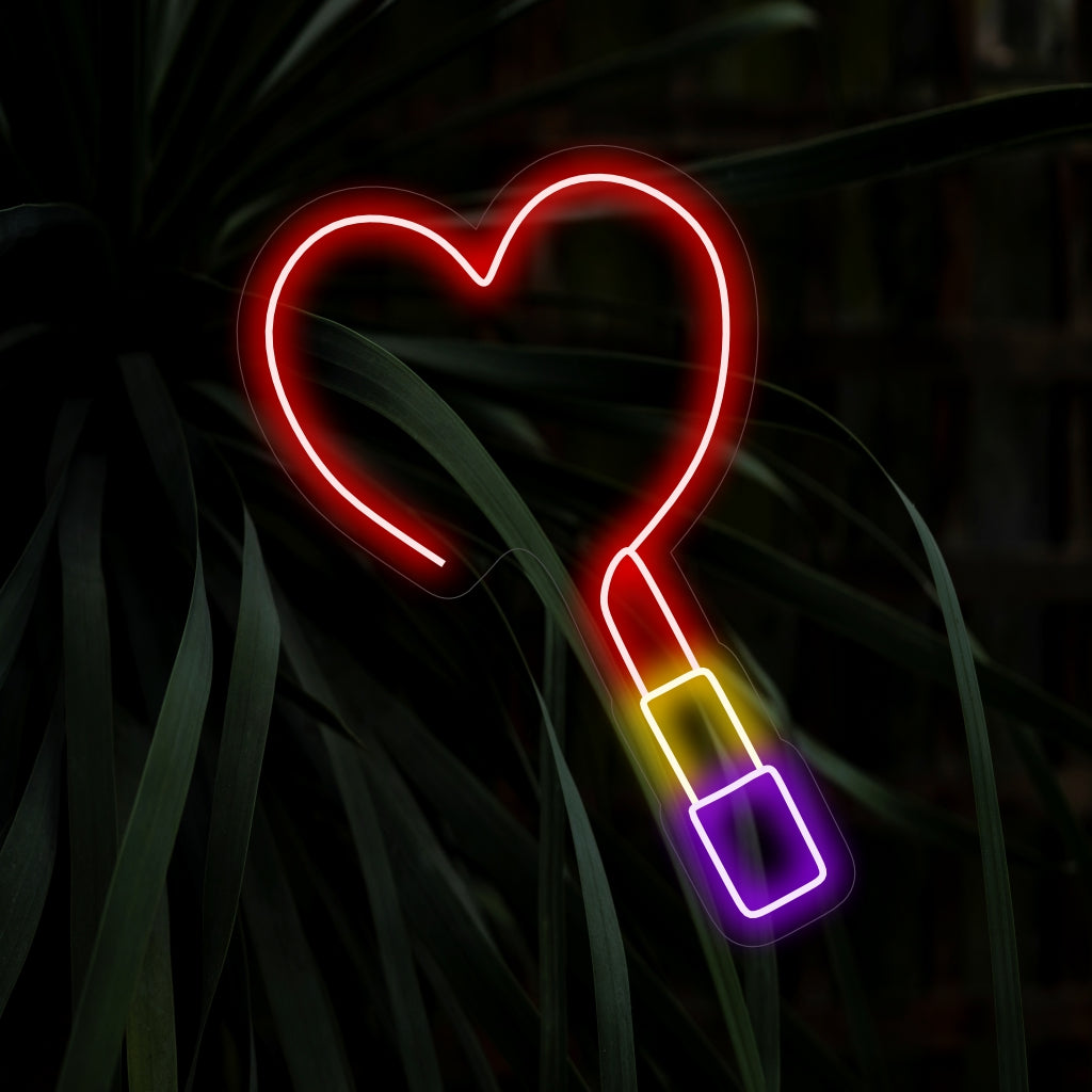 "Placa de neon com coração desenhado com batom" - Uma adição divertida e sedutora, perfeita para espaços com um toque de romance, salões de beleza ou qualquer área que tenha um toque de glamour.