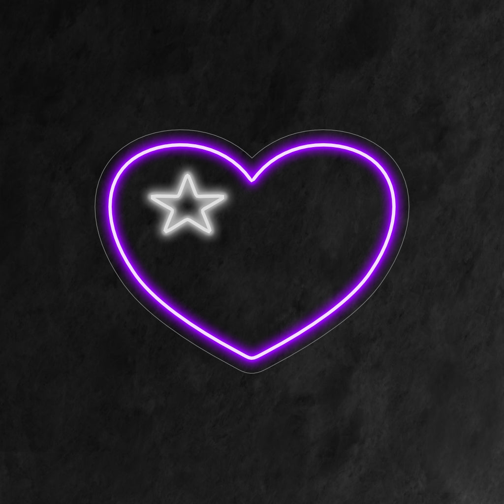 "Placa de neon com coração e estrela" - Misturando amor com um toque de magia, perfeita para espaços que celebram o amor e desejam criar uma atmosfera fantástica e sonhadora.