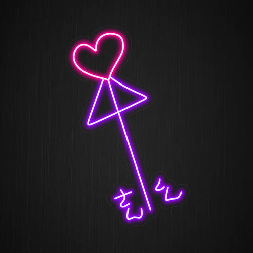 "Placa de neon com coração e flecha" - Simboliza amor e carinho, perfeita para espaços que celebram histórias de amor, casamentos ou atmosferas românticas.