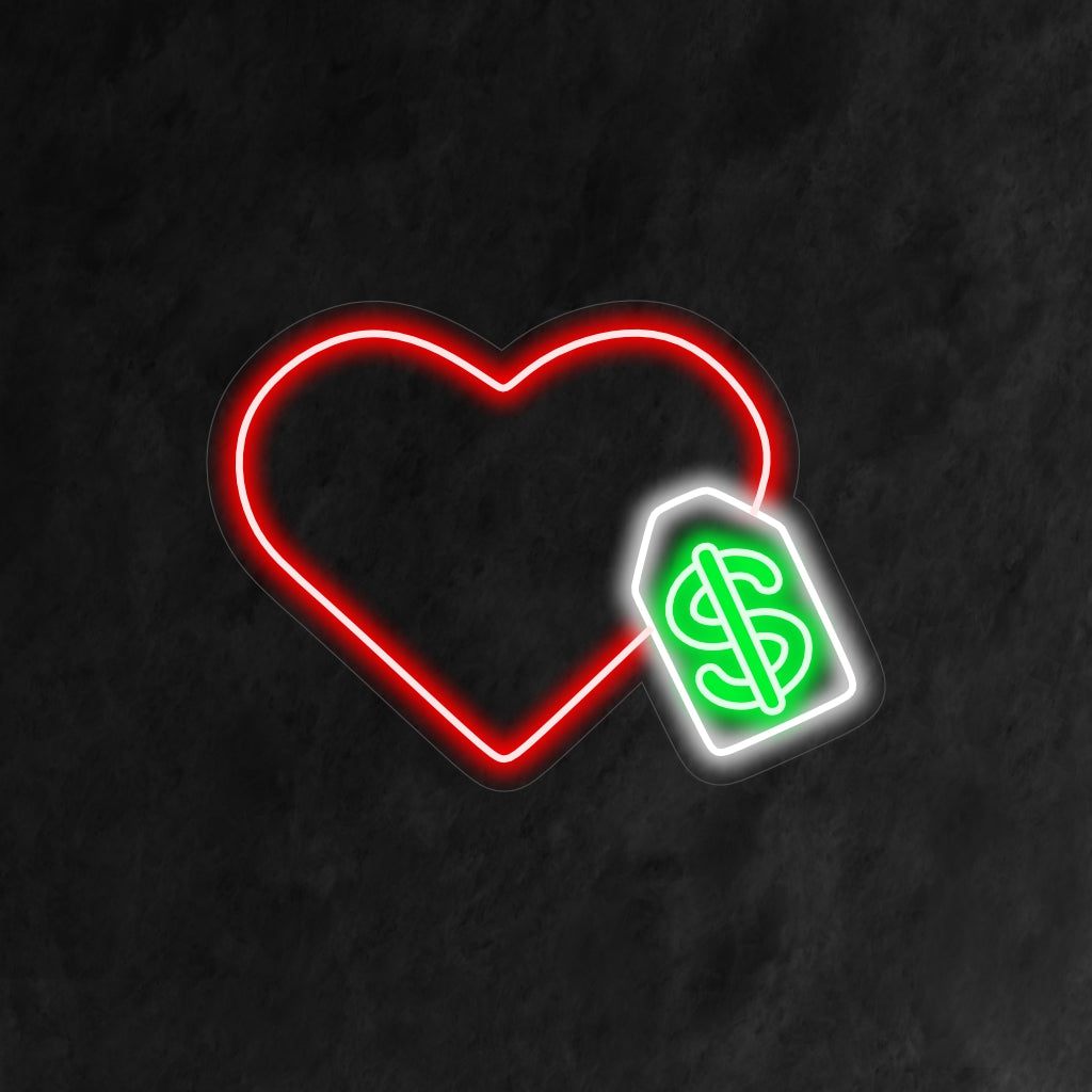"Placa de neon com coração e etiqueta de preço" - Adiciona um toque de charme lúdico e atrevido, perfeita para espaços de varejo, butiques ou qualquer área que queira infundir um senso de humor na experiência de compra.