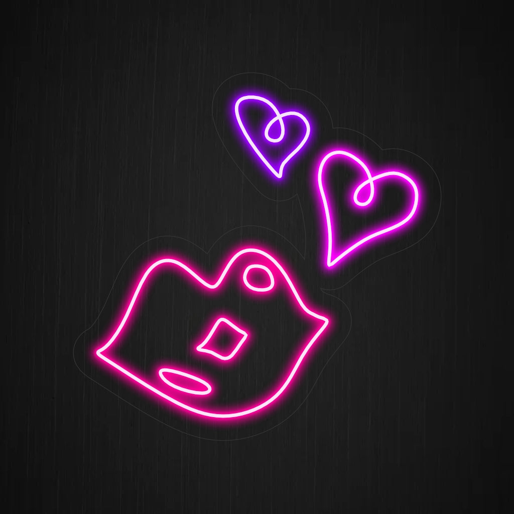 "Placa de neon com corações e lábios sensuais" - Combinando paixão com um toque de sensualidade, perfeita para casas noturnas, locais de entretenimento adulto ou qualquer espaço que tenha como objetivo criar uma atmosfera cativante e provocativa.