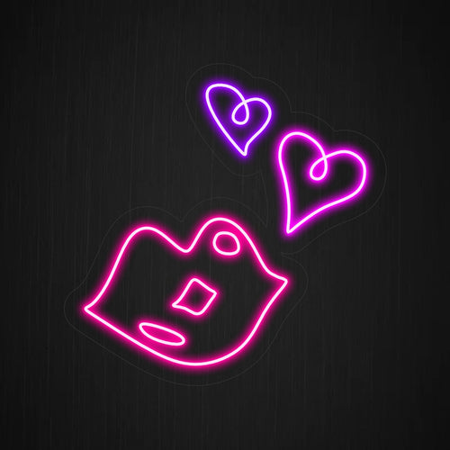 "Placa de neon com corações e lábios sensuais" - Combinando paixão com um toque de sensualidade, perfeita para casas noturnas, locais de entretenimento adulto ou qualquer espaço que tenha como objetivo criar uma atmosfera cativante e provocativa.