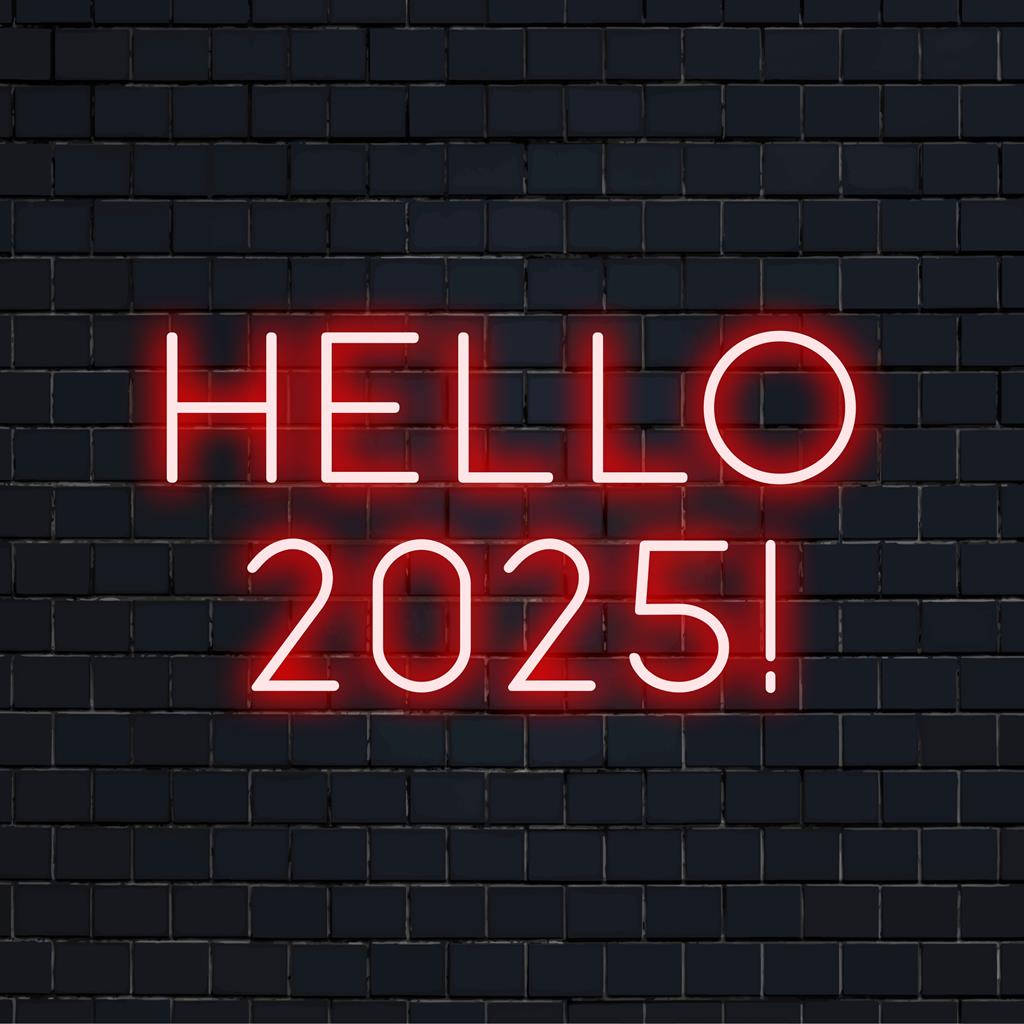 Letreiro de LED neon colorido com a inscrição "Olá 2025!" para decoração vibrante de casa ou ambiente de festa. Feito sob medida para um apelo estético moderno.