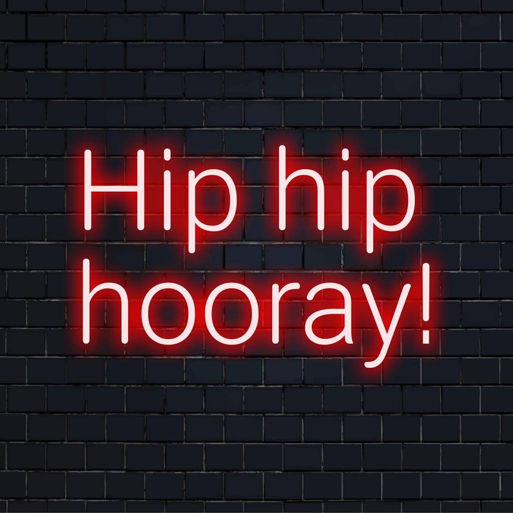 Letreiro de neon LED vibrante com a frase Hip Hip Hooray! em tipografia alegre; perfeito para celebrações e decoração animadas.
