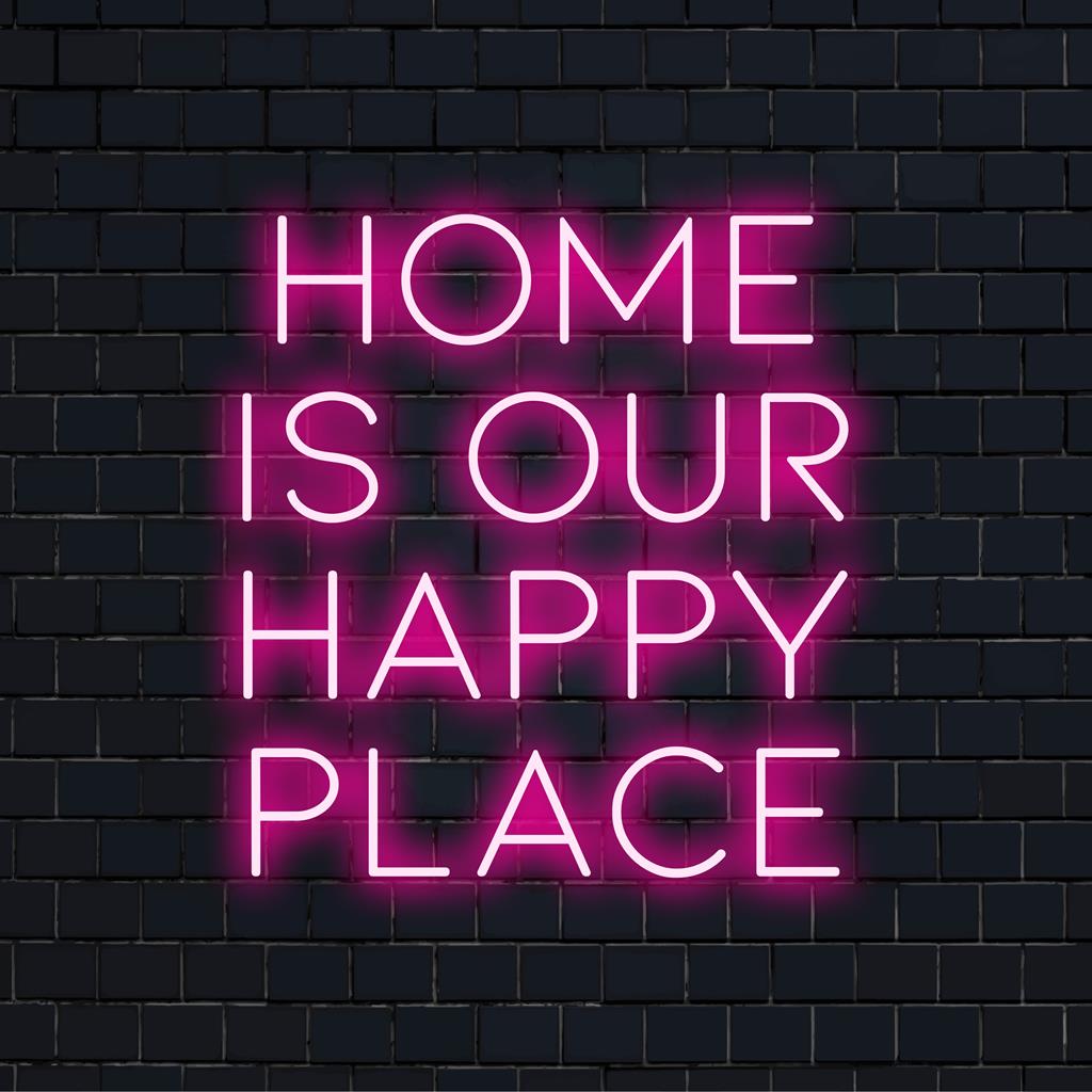 Placa de neon LED com a frase "O Lar É Nosso Lugar Feliz", perfeita para adicionar um brilho aconchegante e um toque pessoal à sua decoração.