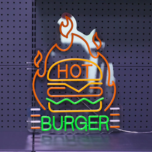 HOT BURGER – Hambúrguer em chamas – reclame luminoso em néon LED