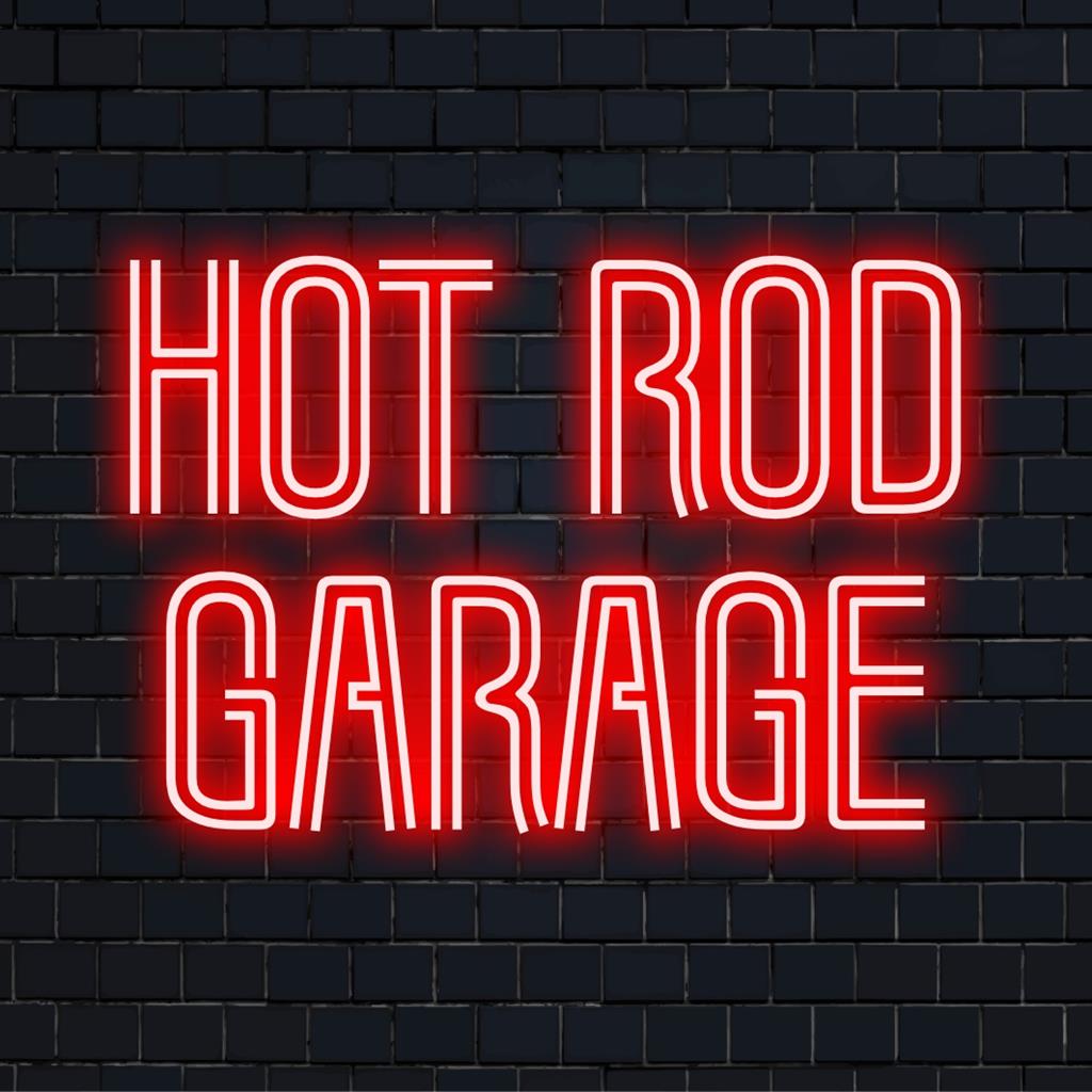 Placa de LED neon personalizada da Hot Road Garage com tipografia elegante; uma peça central estilosa para sua parede, realçando qualquer espaço com um brilho vibrante.