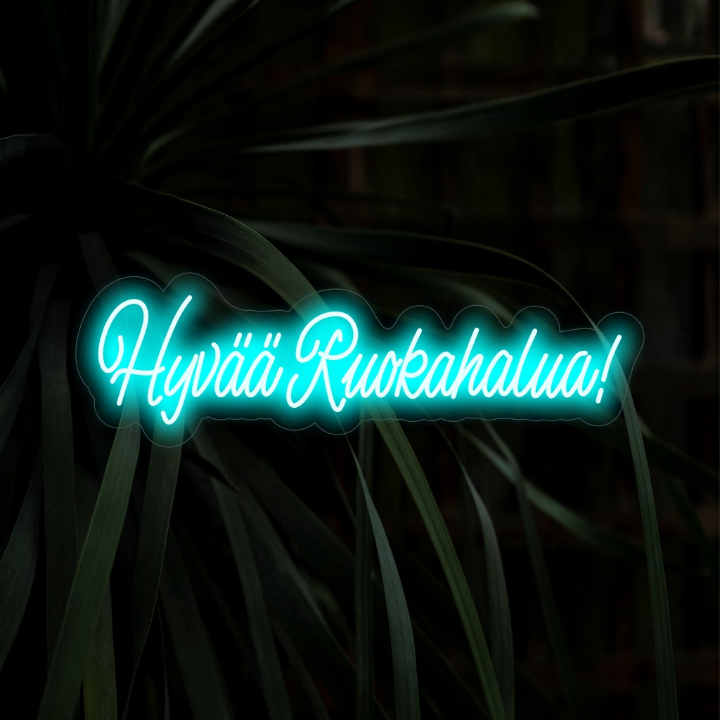 "Hyv���� Ruokahalua! Letreiro de neon" - Um complemento encantador para áreas de jantar, com a frase finlandesa "Hyv���� Ruokahalua" para criar uma atmosfera acolhedora e convidativa, criando um clima acolhedor.