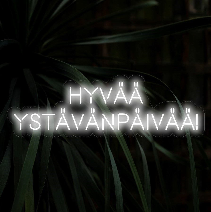 "Hyv���� Yst��v��np��iv����! Letreiro de neon" - Um complemento festivo para as comemorações do Dia dos Namorados, com a frase finlandesa "Hyv���� Yst��v��np��iv����" para criar uma atmosfera romântica e alegre, criando um clima de celebração.
