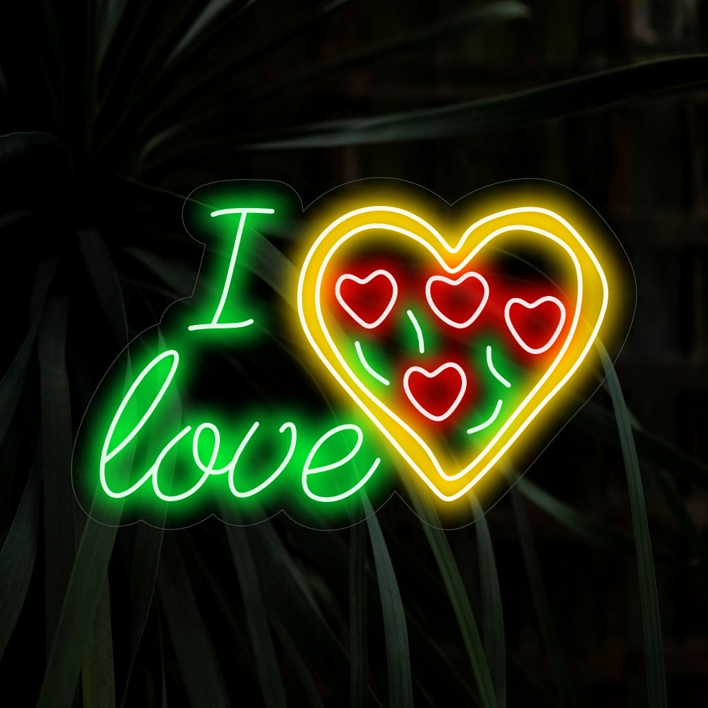 "Placa de neon "Eu amo pizza" - Um complemento divertido e animado para os amantes de pizza, com uma declaração de amor por pizza, criando uma atmosfera vibrante e apetitosa.