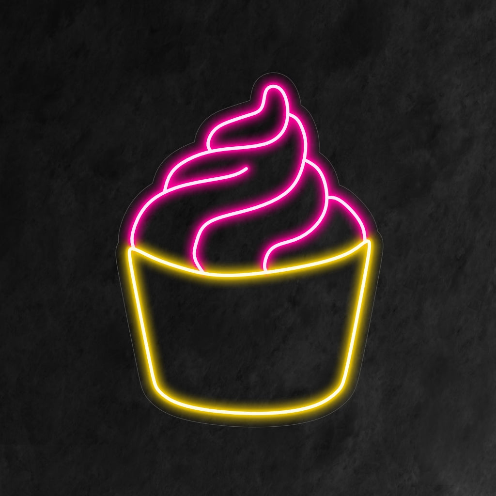 "Placa de neon de sorvete" - Um toque charmoso, com o icônico cone de sorvete e criando uma atmosfera alegre e convidativa para quem aprecia doces.