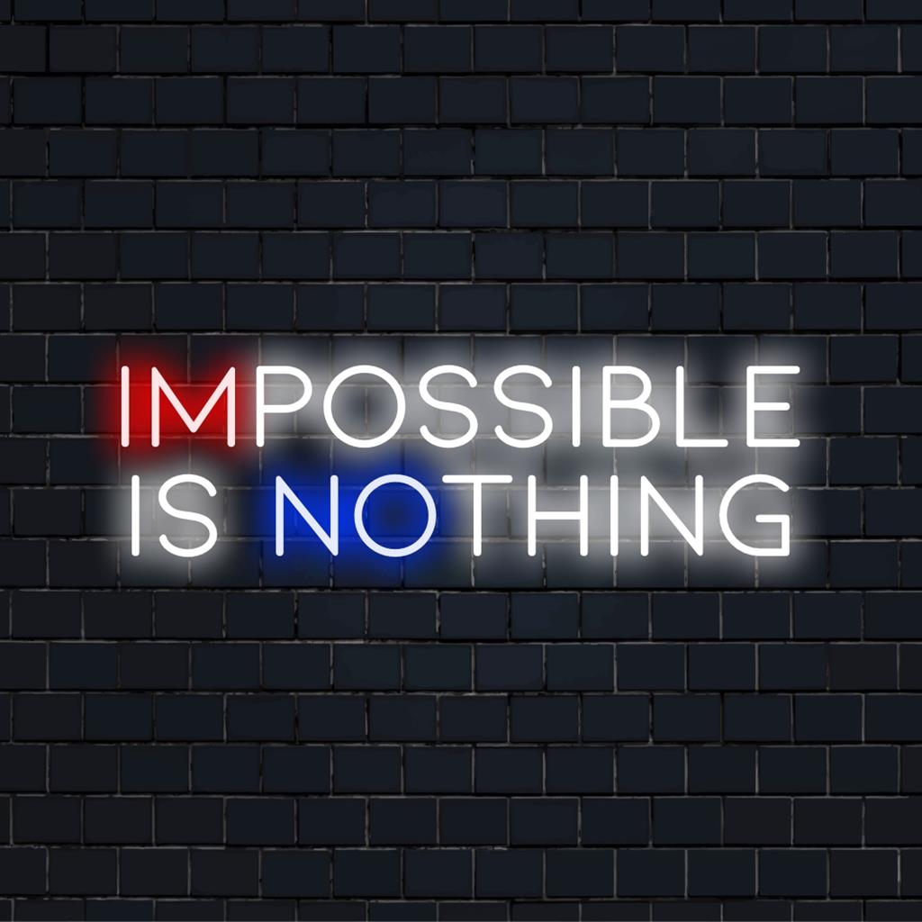 Placa de neon LED personalizada e complexa com a frase Impossible Is Nothing, ideal para decoração motivacional com luz neon.