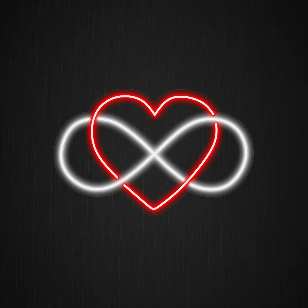 "Placa de neon em formato de coração infinito" - Um símbolo de amor eterno, esta cativante luz neon adiciona um toque romântico e atemporal a qualquer espaço com seu brilho aconchegante.