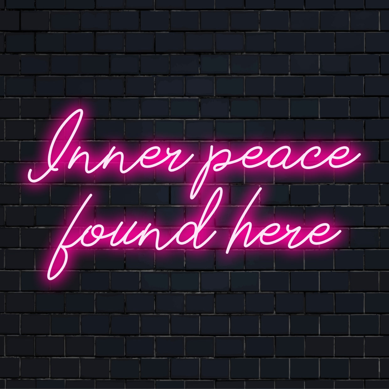 Custom-made LED neon sign reading Inner Peace Found Here, radiating with soothing light, perfect for tranquil decor ambiance.
