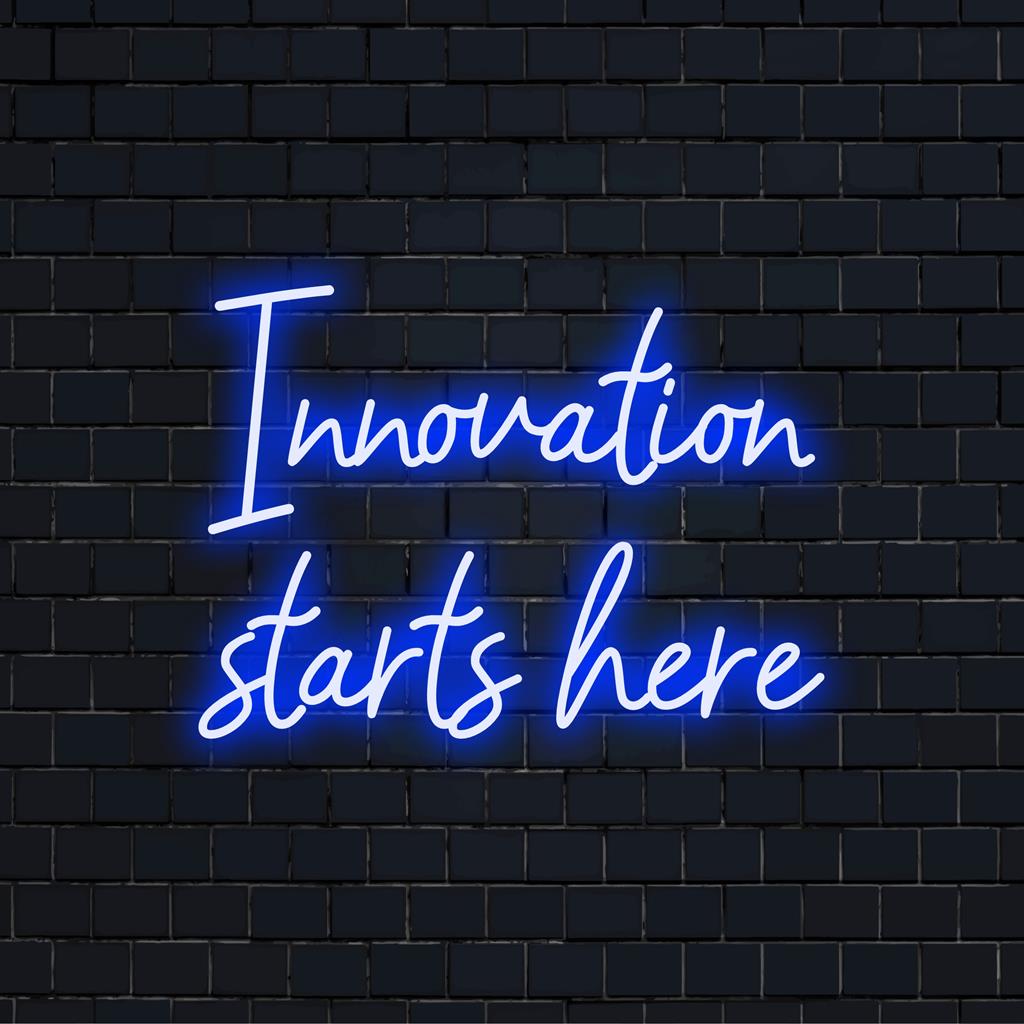 Placa de LED neon personalizada com a frase Innovation Stars Here, perfeita para decoração de escritórios modernos ou espaços de inspiração.