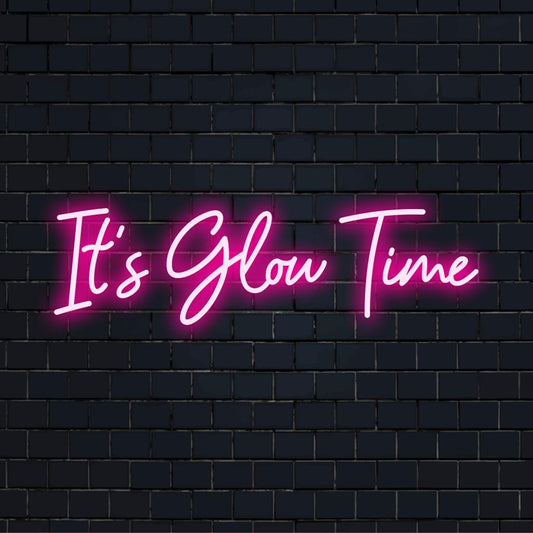 Custom LED neon sign displaying It's Glow Time with radiant lettering, perfect neon light decor for any space.