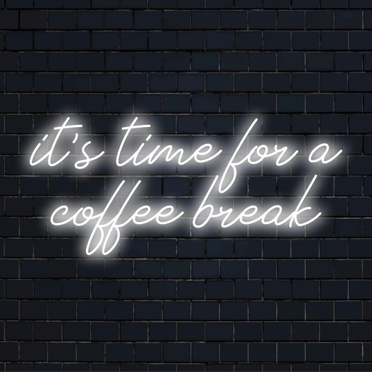 Custom LED neon sign reading It's Time For a Coffee Break ideal for cafe decor, adding a warm, inviting glow.