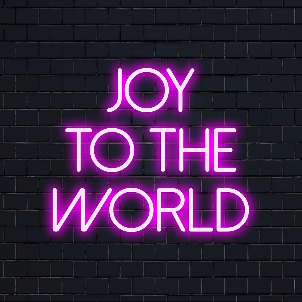 Placa de neon LED que emite o slogan radiante "Alegria para o Mundo", perfeita como decoração de casa brilhante, transmitindo felicidade e elegância.