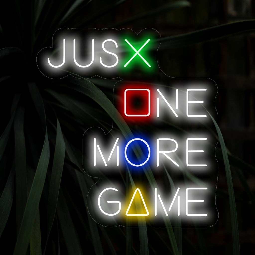 "Placa de neon "Just One More Game" - Eleve seu espaço de jogo com esta vibrante placa de neon, convidando você a mergulhar no mundo virtual para jogar apenas mais uma partida.