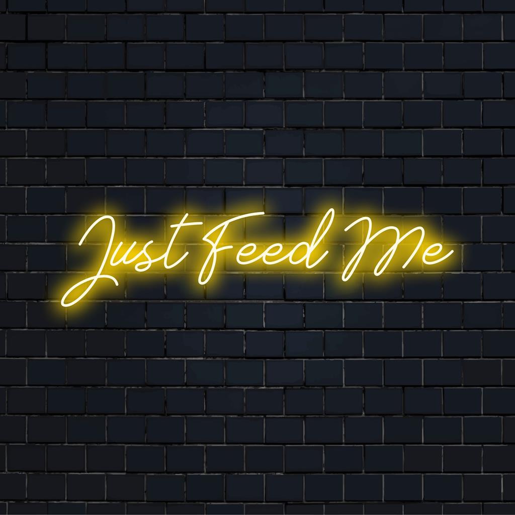 Peça de arte em neon LED vibrante com os dizeres "Just Feed Me", perfeita para iluminar qualquer espaço com um estilo neon ousado e personalizado.