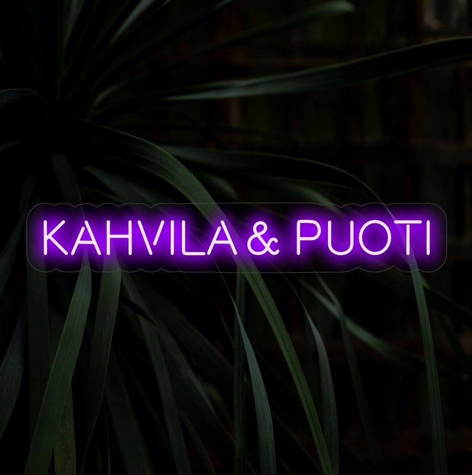 "Placa de neon Kahvila & Puoti" - Transforme seu espaço com o brilho convidativo desta placa de neon de inspiração nórdica, perfeita para cafeterias e butiques.