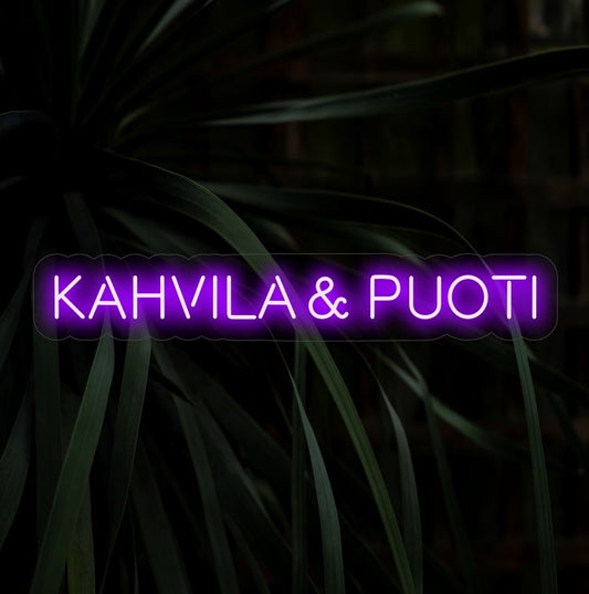 "Placa de neon Kahvila & Puoti" - Transforme seu espaço com o brilho convidativo desta placa de neon de inspiração nórdica, perfeita para cafeterias e butiques.