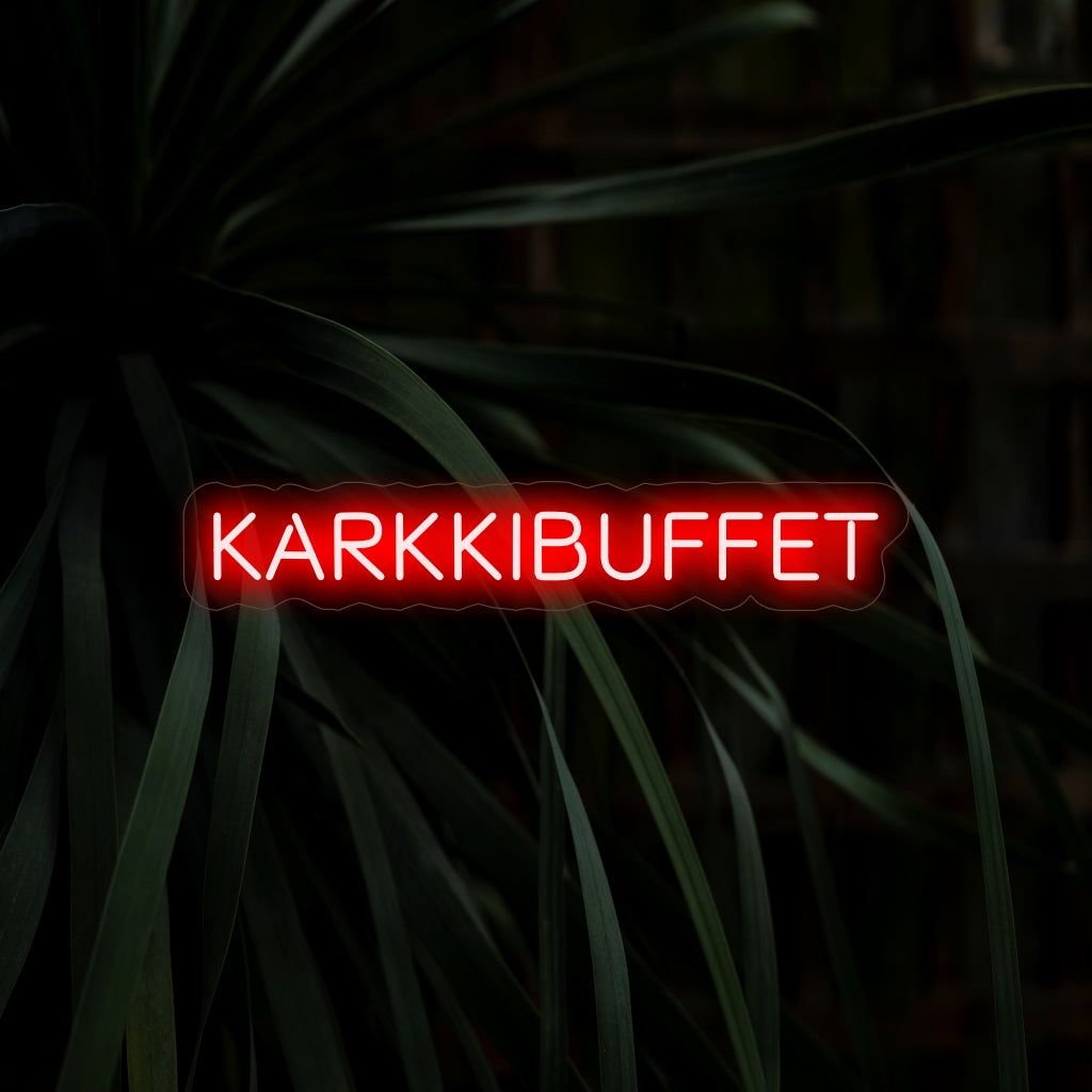 "Placa Neon Karkkibuffet" - Dê um toque de doçura ao seu ambiente com esta encantadora placa neon, perfeita para destacar buffets de doces e cantinhos de sobremesas. Ilumine o ambiente com um toque de charme açucarado.