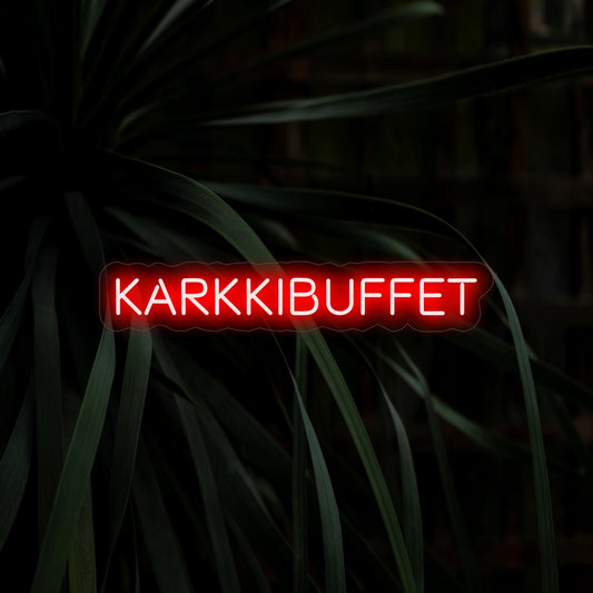 "Placa Neon Karkkibuffet" - Dê um toque de doçura ao seu ambiente com esta encantadora placa neon, perfeita para destacar buffets de doces e cantinhos de sobremesas. Ilumine o ambiente com um toque de charme açucarado.